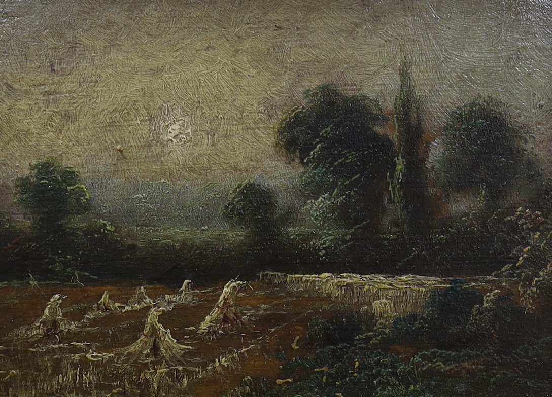 19th century English School, oil on panel, Cornfield at sunset, 15 x 20cm